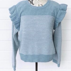 NWT Lauren Conrad. Blue Sky Knit Ruffled Shoulders Lite Weight Sweater.
Size XL